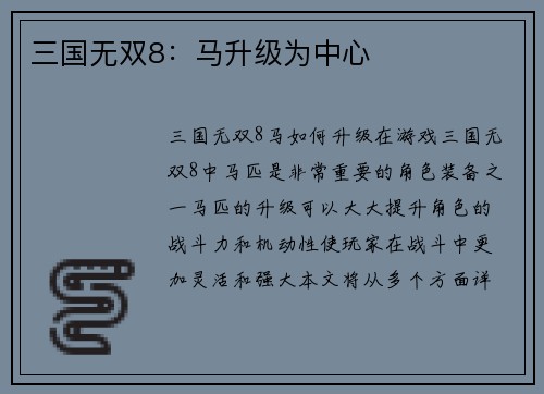 三国无双8：马升级为中心